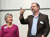 UC Davis distinguished professor emerita Lynn Kimsey, director of the Bohart Museum for 34 years until her retirement on Feb. 1, 2024, listens as the new director, Professor Jason Bond praises her at a retirement party. Bond is the Evert and Marion Schlinger Endowed Chair, UC Davis Department of Entomology and Nematology, and associate dean, UC Davis College of Agricultural and Environmental Sciences. (Photo by Kathy Keatley Garvey)